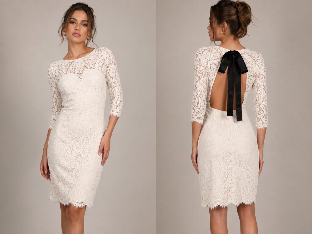 Nicole Miller New York Lace Cocktail Dress XS Ivory Black Bow Victorian Wedding